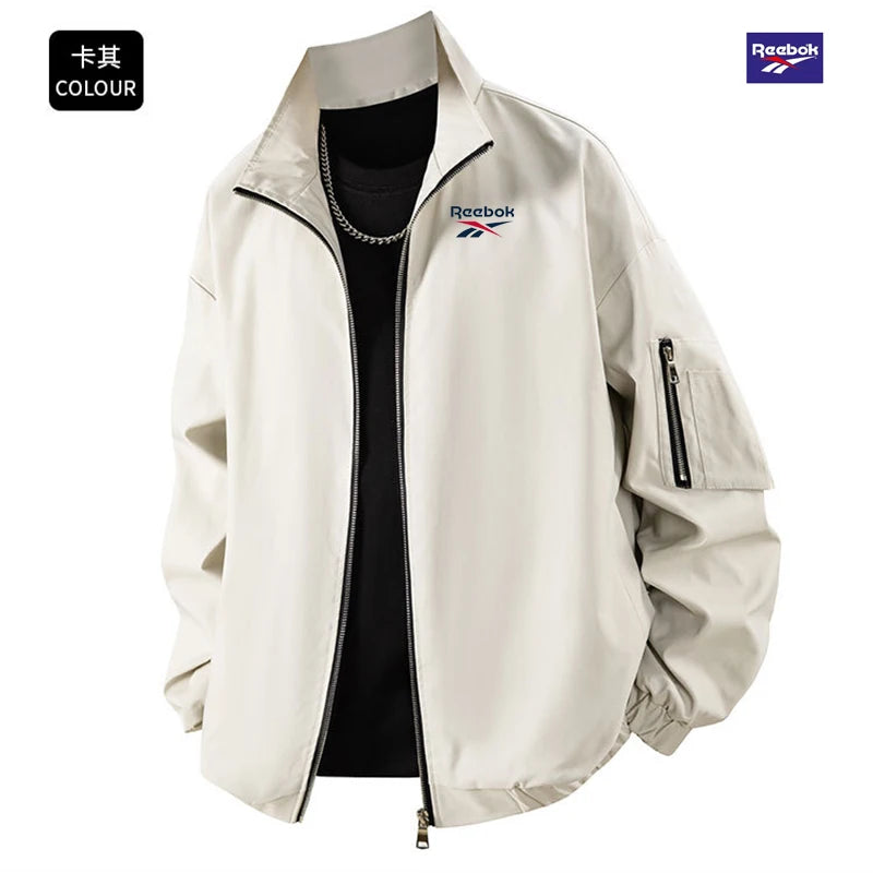 Reebok's New Men's Lightweight Spring-Autumn Casual Stand-Up Collar Outdoor Sports Coat Features a Zipper Design on the Sleeves.
