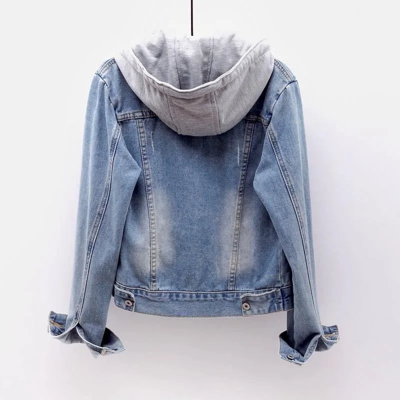 S-5XL Women Denim Jackets Spring Autumn Single-Breasted Detachable Hood Short Jean Jacket All-Match Casual Slim Outerwear