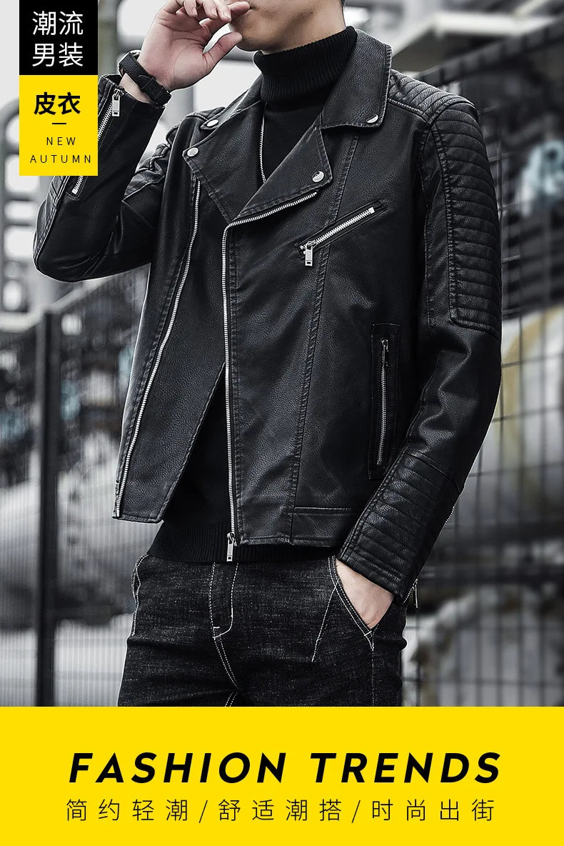 Male Slim Fit Pu Leather Coats Mens Motorcycle Jackets Black Outwear Leather Coats Man High Quality Business Leather Jacket
