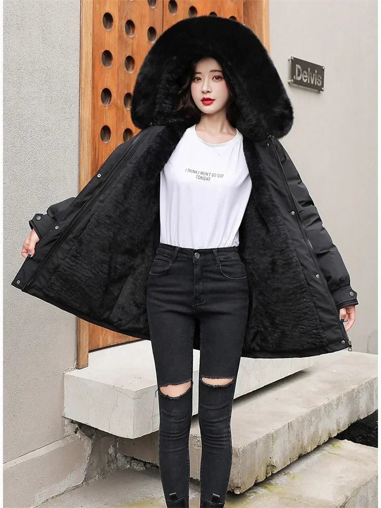 Winter Coat Low Price On Sale Women Beige Add Wool Thick Warmth Fur Hooded Parkas Jacket 2026 New Fashion Belt Slim Cotton Coat