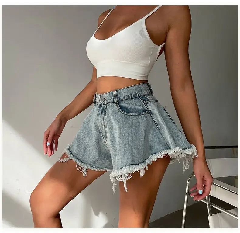 Wide Leg Shorts Women Y2k Denim Frayed Sexy Girls High Waist Hotsweet All-match Vintage Fashion Pockets European Style Females