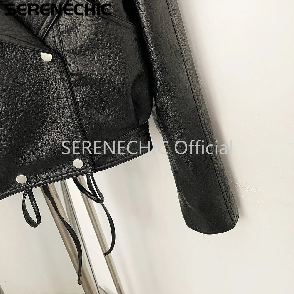SERENECHIC Women's Black Faux Leather Cropped Moto Jacket Asymmetric Zip PU Biker Coat Female New Autumn Vintage Punk Outerwear
