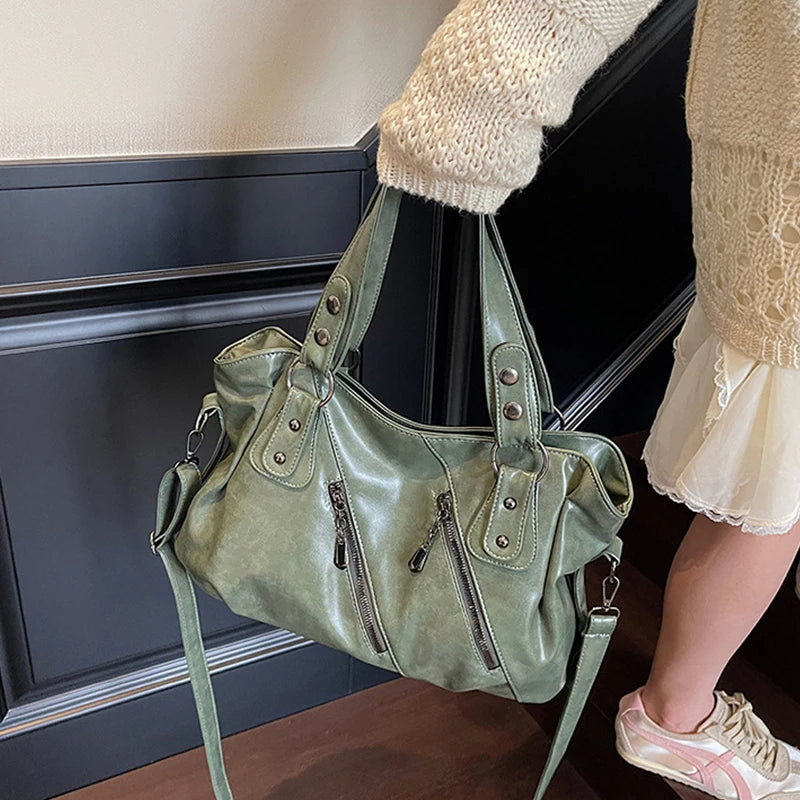Retro Brand Roomy Shoulder Bag Female Luxury Solid Color Classic Crossbody Bag Large Capacity Style Soft PU Leather Tote Bag