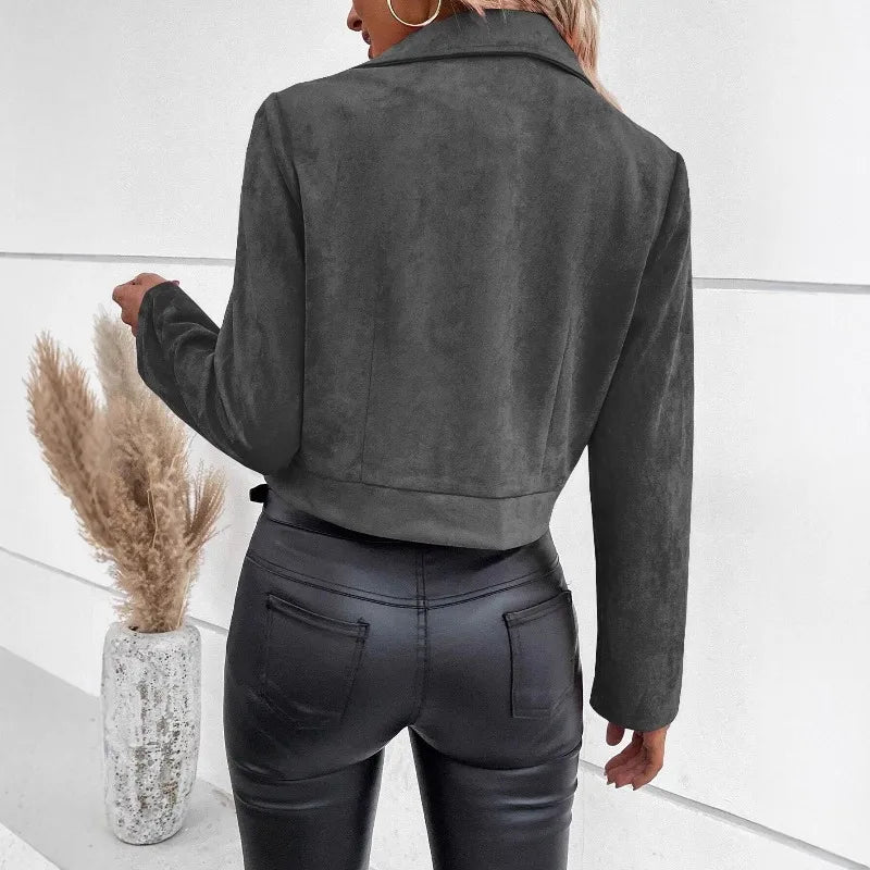 Women's Suede Faux Leather Jacket Autumn Zip-Up Moto Short Coat Lapel Collar Slim Fit Winter Outer Streetwear Casual Wear