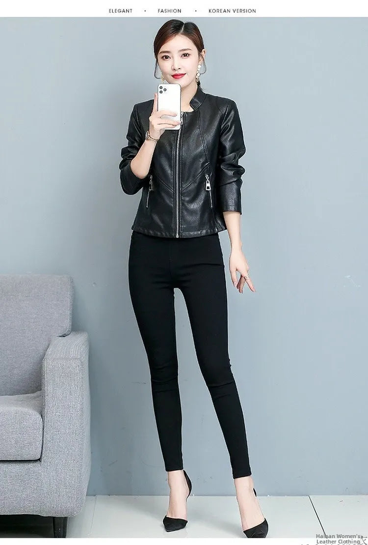 Real Leather Biker Jacket Women's Short Style 2026 Spring Autumn New Korean Version Slim Fit Stand Collar Miniature Coat