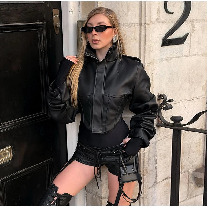 Street Women's Cropped Leather Jacket Slim Stand Collar Long Sleeve Zipper Irregular Hem Coat 2026 Autumn Lady Chic Otwear