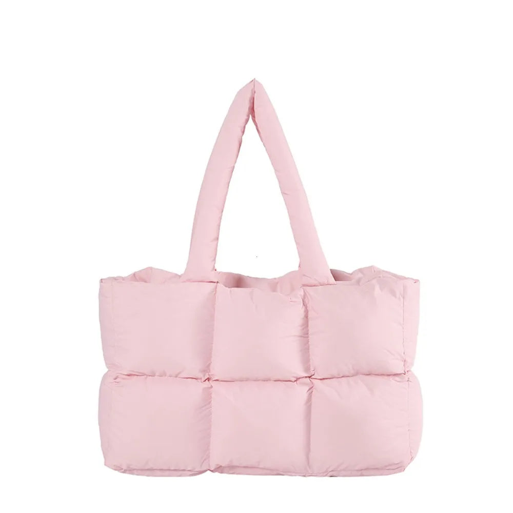 Women Tote Handbags Quilted Plaid Bag Retro Trendy Checkered Waterproof Shoulder Bag Solid Color Winter Soft Large Capacity Bags