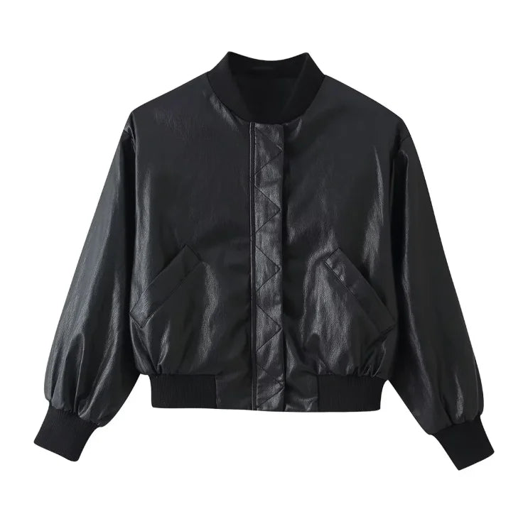  Women's Faux Leather Bomber Jacket Black Stand Collar Cropped Loose Vintage Outerwear 2026 Autumn Lady Street Chic Casual Coat