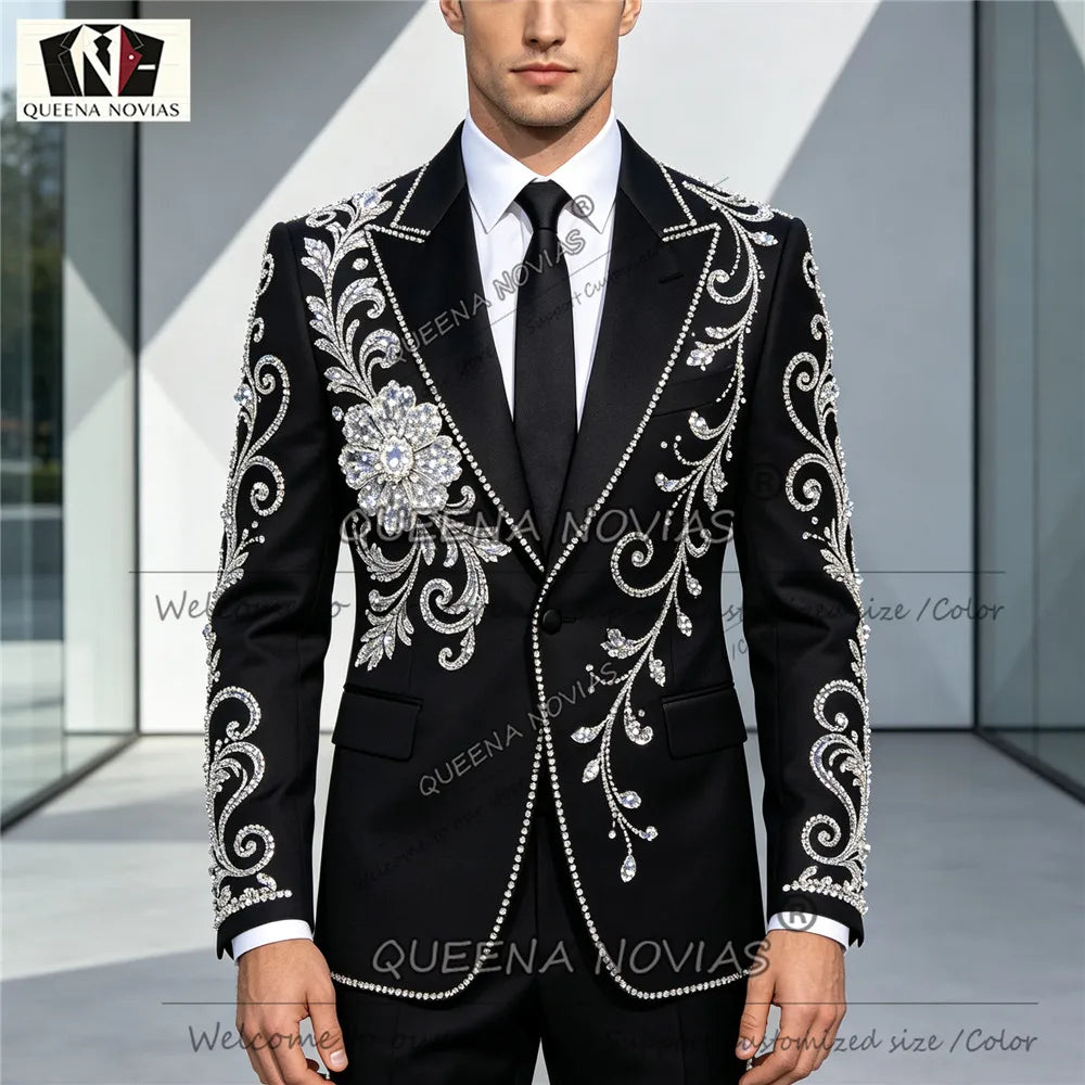 Unique Design Men's Suit Gold Diamond Beaded Jacket Pants 2 Pieces Sets Double Breasted Groom Wedding Tuxedos Male Fahion Outfit