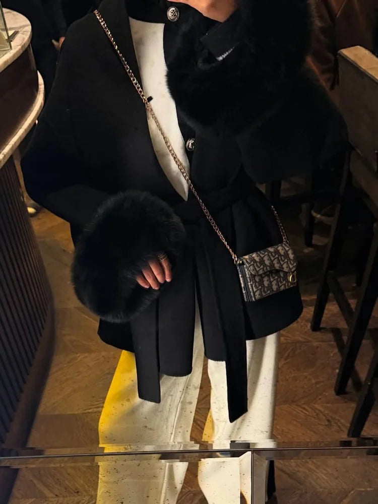 Tossy Fox Fur Wool Overcoat Women's Short Coat Office Lady Elegant Double-sided Woolen Coat 2025 New Cardigan Jackets Loose Wool