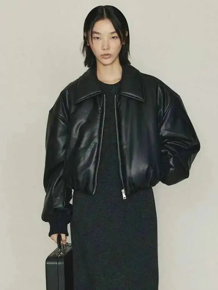 SHENGPALAE Women's Fashion 2026 Autumn Winter New Clothes Solid Color Leather Thicken Warm Female Short Cotton Jacket 5C1437
