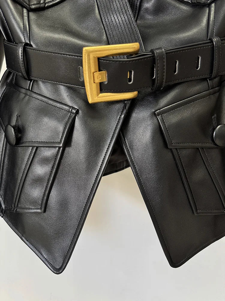 2026 new luxury and fashionable women's clothing belt slim fit leather jacket with multiple pockets motorcycle fashion jacket