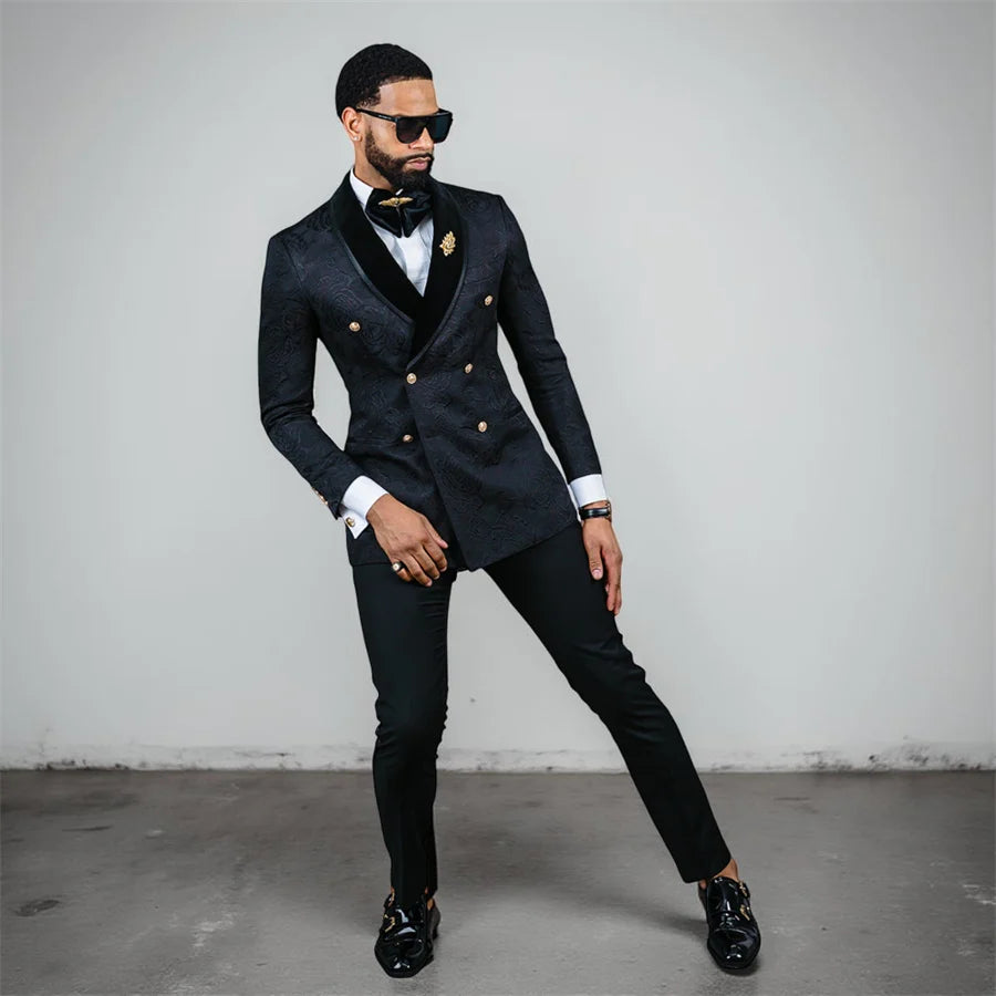 Floral Wedding Suits for Men Double Breasted Jacket with Pants Slim Fit Custom Made Male Fashion Tuxedo 2 Pieces Fashion Suit