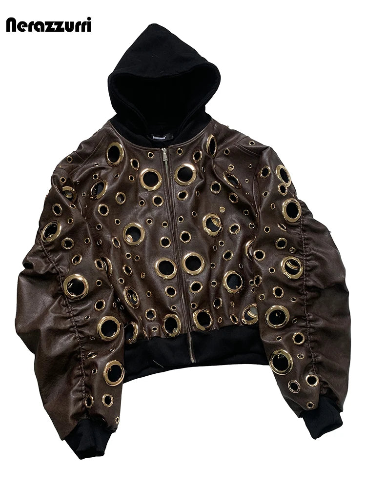 Nerazzurri Autumn Oversized Hollow Out Gold Pu Leather Jacket Men with Hood Hole Luxury Fake 2 Pieces Emo Menswear Clothing 2025