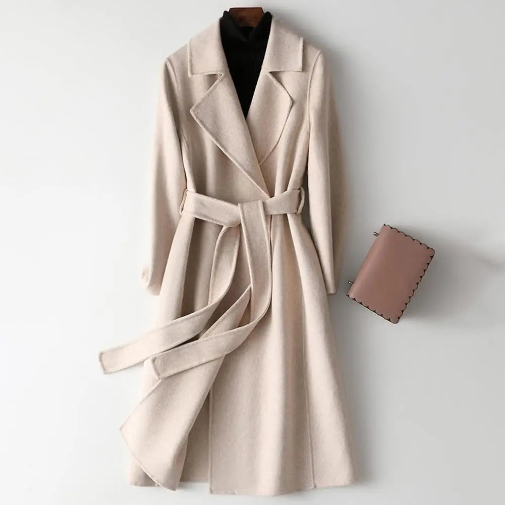 Women Wool Coat Womens Long Wool Peacoat with Belt Notched Lapel Overcoat Warm Fall Winter Trench Coat for Weather Polyester