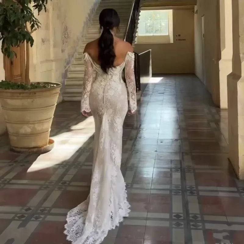 Fashion Lace Pearl Mermaid Wedding Dress Long Sleeve Elegant Off The Shoulder Boho Sexy Bridal Dresses