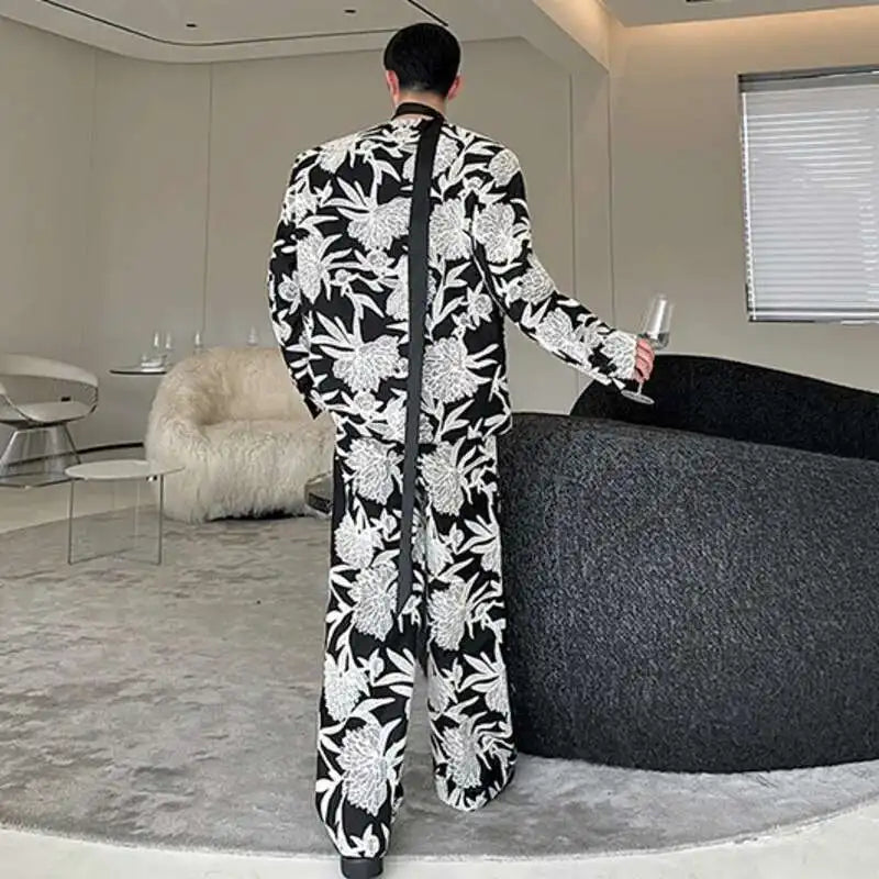 IEFB Niche Design Men's Two-piece Collarless Embroidery Blazer Loose Straight Suit Pants Contrast Color Male Sets New 9C7485