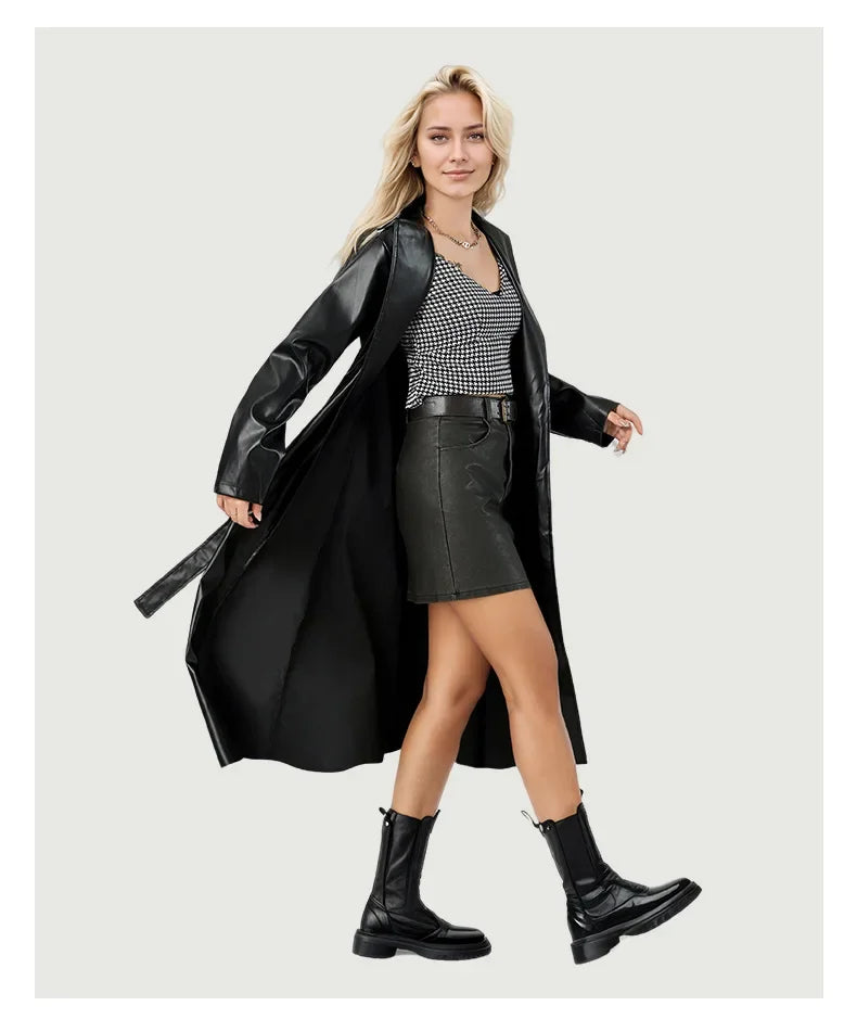 Women's Streetwear Windbreaker Black Tie Up Pu Leather Jackets For Women Fall Winter Windproof Anoraks Trench Coat For Women
