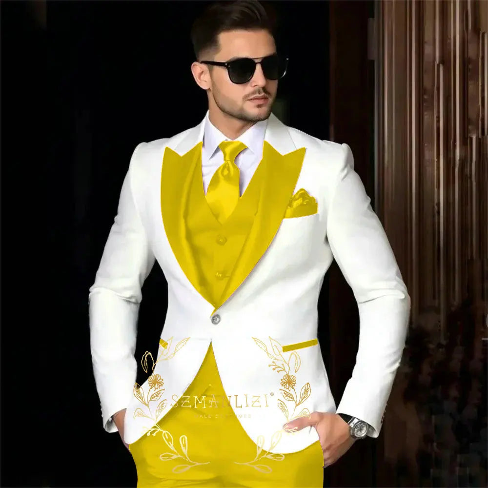 Luxury Men's Suits For Wedding Peak Lapel Slim Fit 3 Piece White Jacket Burgundy Pants Vest Formal Male Clothing Costume Homme