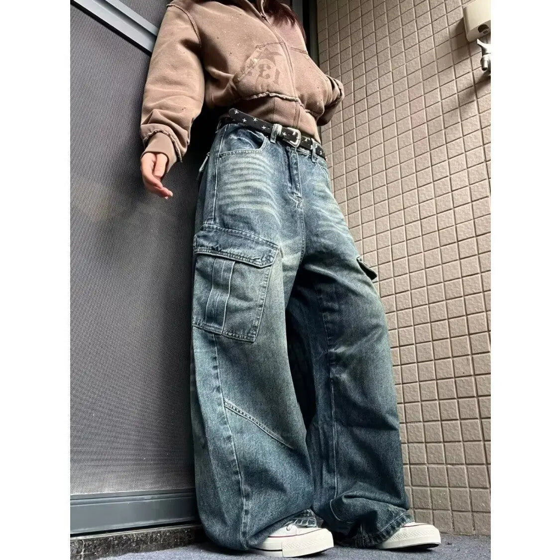 American High Street Multi Pocket Knife Jeans Loose Design Wide Leg Pants for Men And Women Autumn Winter Trendy Casual Jeans