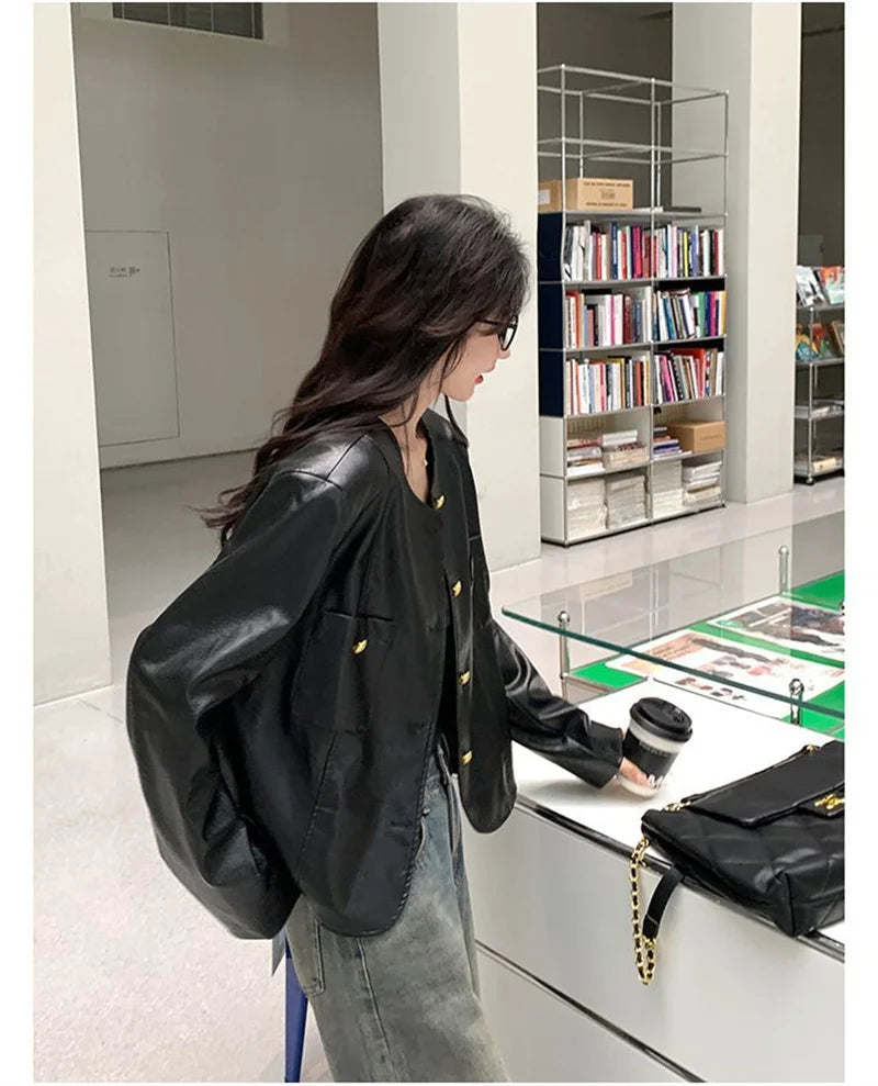 Small Fragrance Leather Jacket Women's Spring Autumn 2026New PU Leather Coat Lady Short High Sense Outerwear Popular Female Tops
