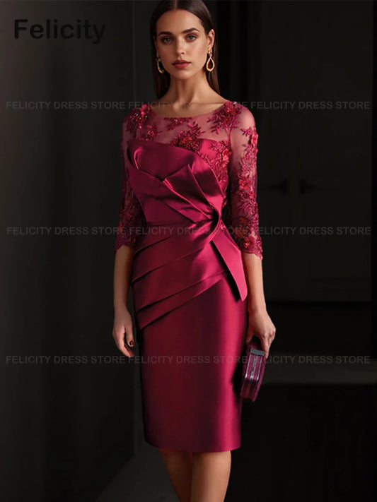 Elegant Mother of the Bride Dress 2025 Sheath Illusion Wedding Guest Dresses Satin Lace Pleated Customized Evening Party Gowns