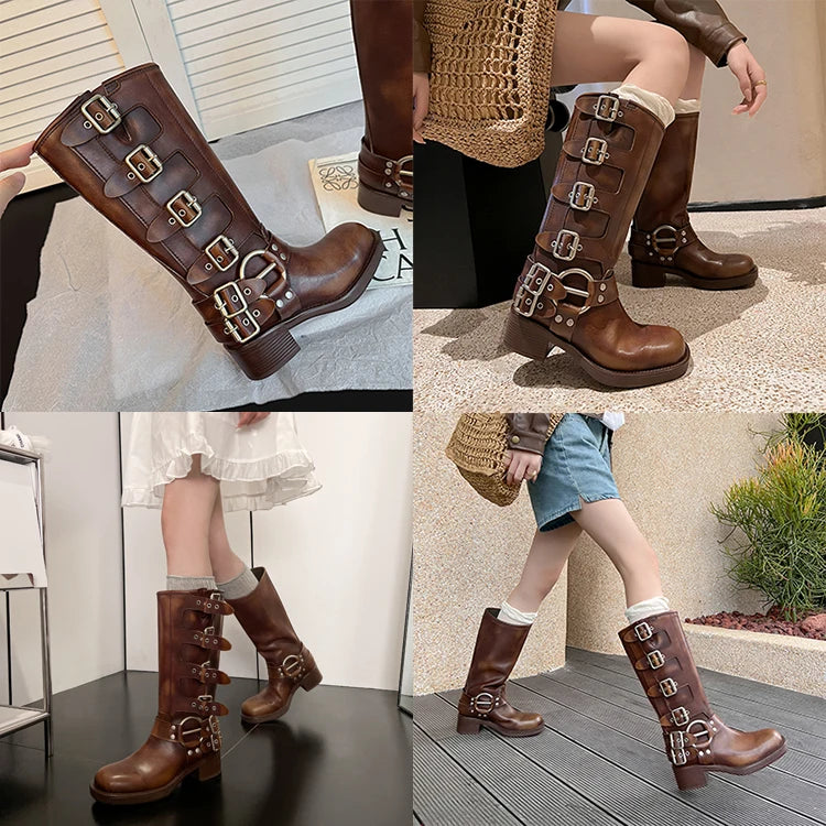 Arden Furtado Women's Cowhide Riding Boots Round Toe Pull-On Mid-Calf Genuine Leather Boots with Belt Buckle Knight Style