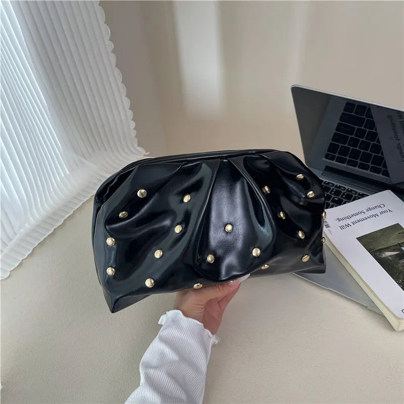 Simple Versatile Clip Evening Handbags for Women Solid Color Rivet Pleated Design Ladies Clutch Female Soft Pu Leather Purse