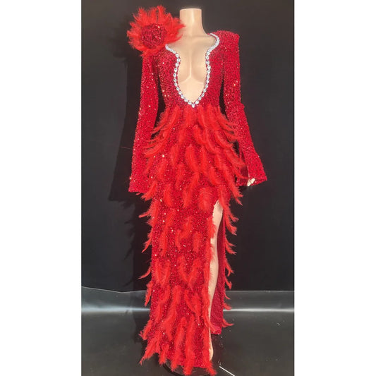 Sparkly Diamonds Feather Red High Slit Wedding Party Gown Luxury Evening Celebrate Performance Singer Costume Festival Dresses