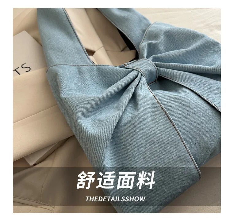 Sweet Bowknot Design Women's Denim Shoulder Bags Commuter Thread Ladies Handbags Casual Lightweight Female Underarm Tote Bag