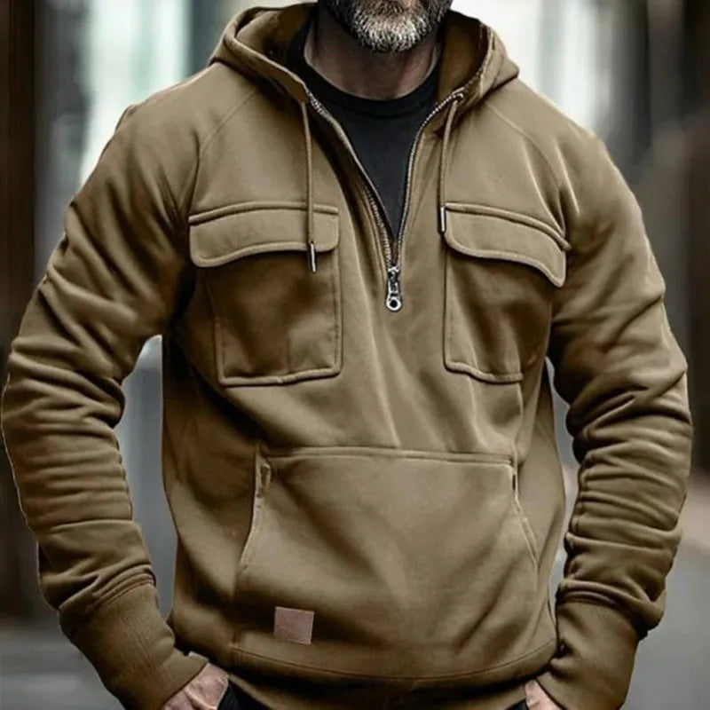 Autumn Winter Hoodies Men half-zip Patchwork Warm Fleece Sweatshirts Multi Pockets Male Fashion casual pullover Outdoor Hoodie
