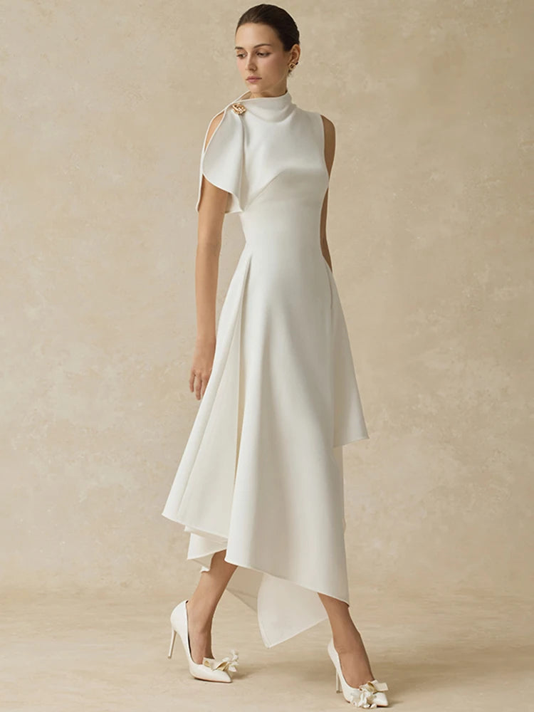 DEAT Elegant Dress Stand Collar Irregular High Waist Long Solid Color Women's Evening Party Dresses 2025 Winter New Tide 35Z3948