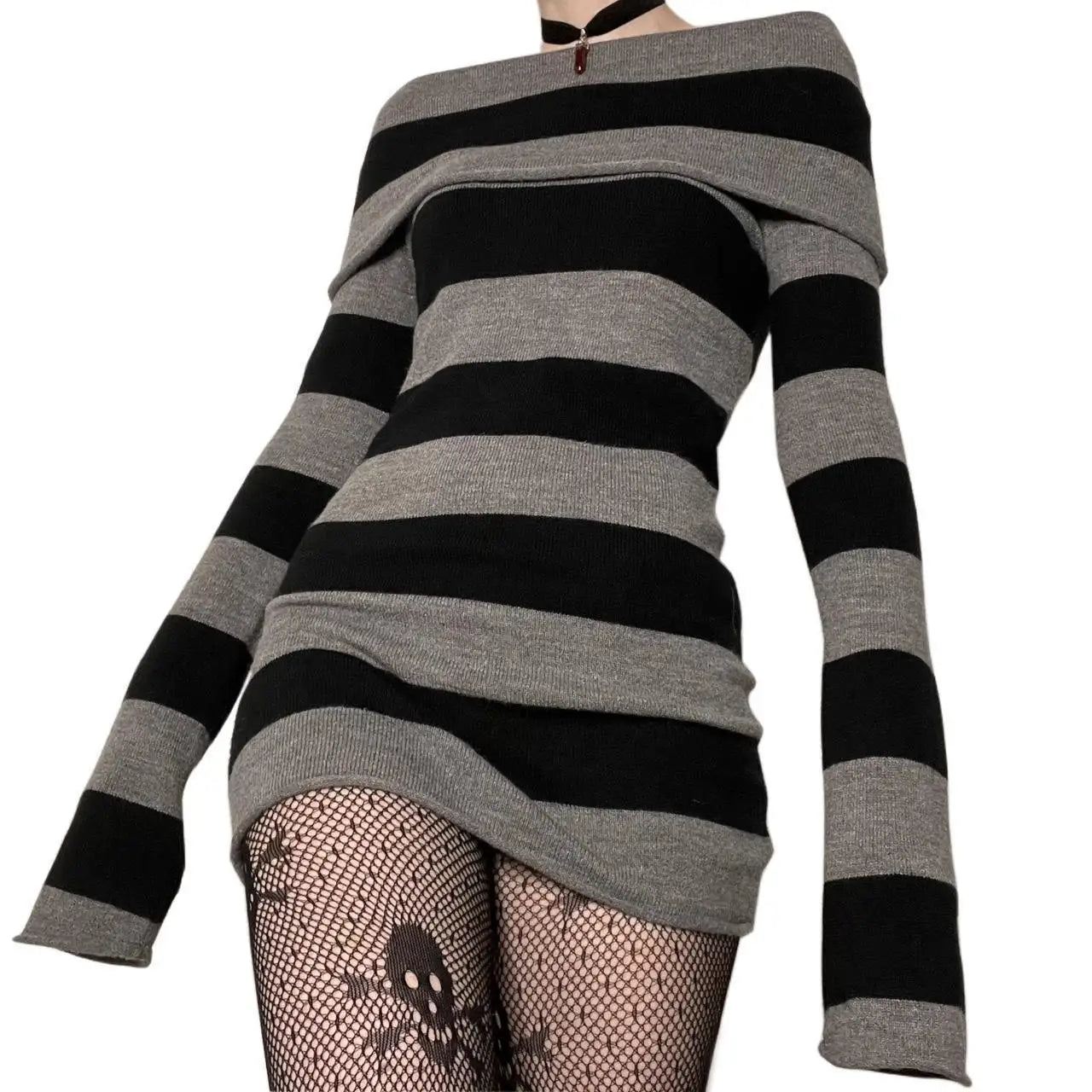 Women Autumn Dress Striped Boat-Neck Long Sleeve Bodycon Short Dress Y2K Gothic Wrapped Hip Party Dresses
