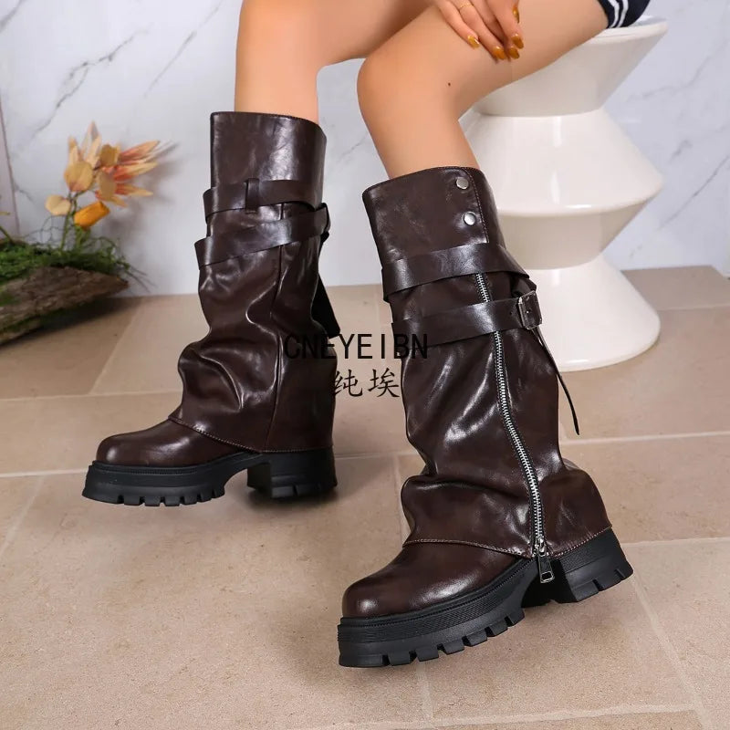 Platform Chunky Sole Women Knee High Boots Buckle Strap Side Zipper Shoes Autumn Winter Vintage Ladies Non Slip Long Boots