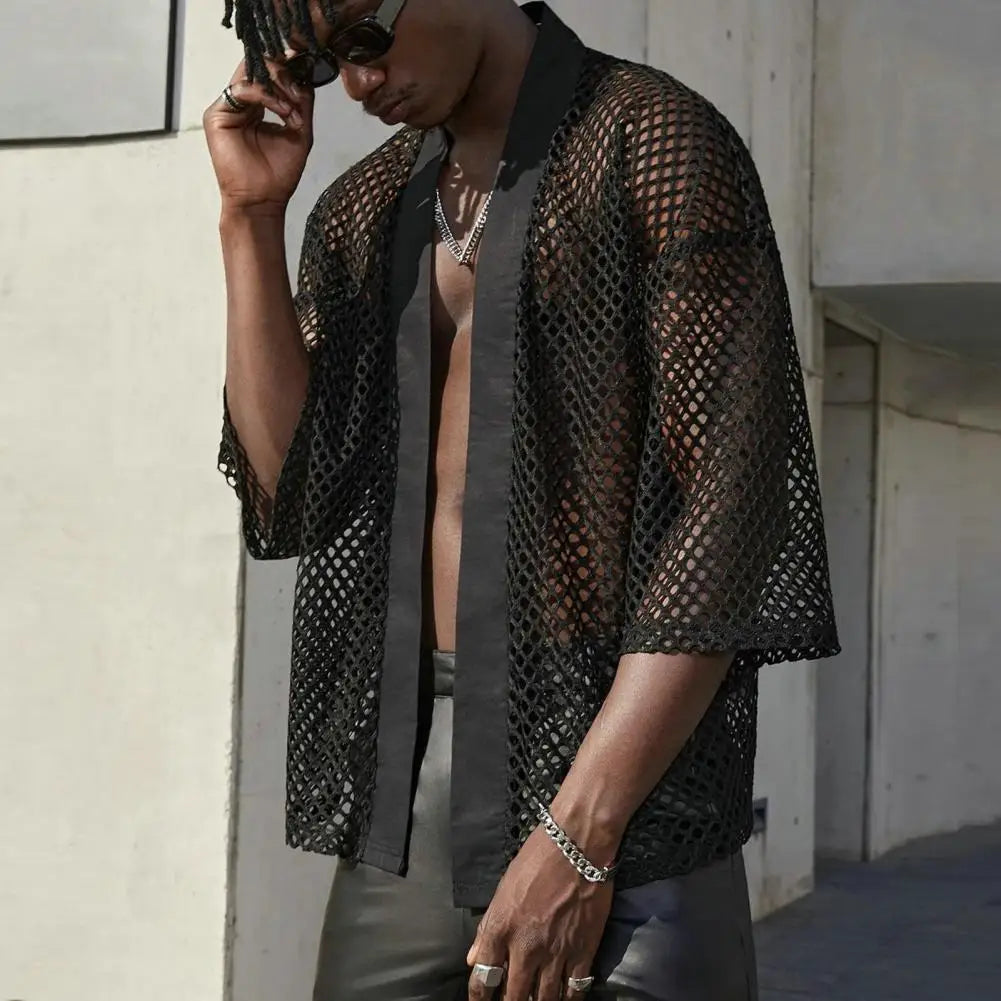 Men Party Cardigan Stylish Solid Color Mesh Hip Hop Streetwear Men Party Cardigan Men Garment  Men Club Shirt  Men Shirt Coat
