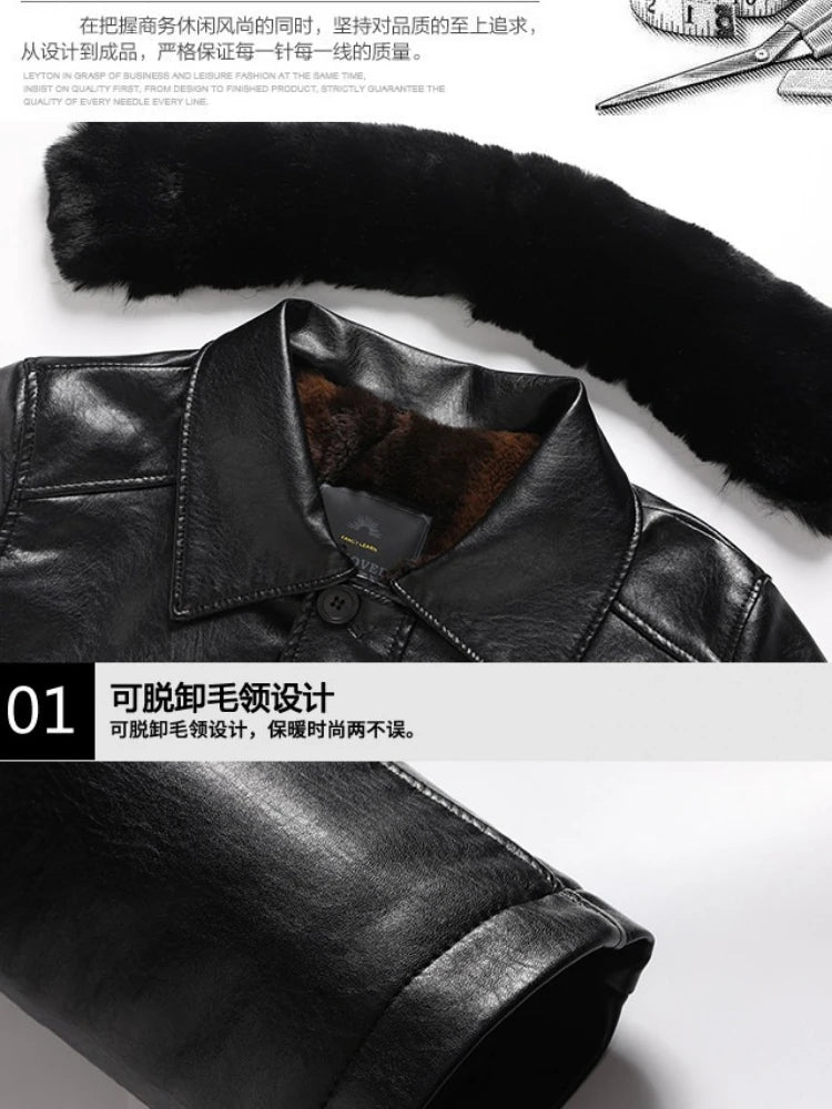 Leather Jacket Men Winter Jacket Men Medium Length Plush Thickened Leather Coat for Men Fur Collar Windbreaker for The Elderly