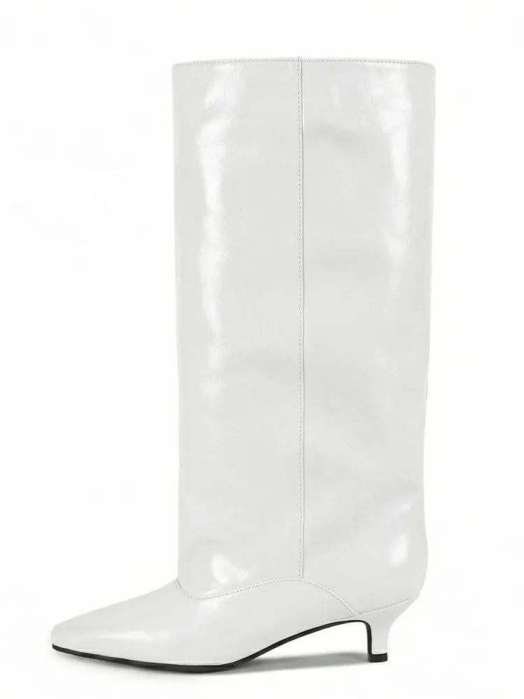 Women's Spring and Autumn New Cat Heel Wide Knee Knee Boots Fashion Pointed Women's Low Heel Mid Heeled Boots