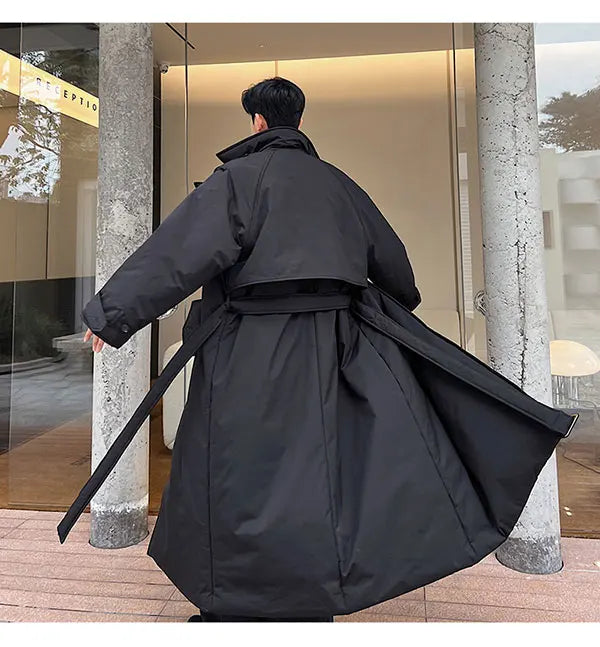 Winter Thickened Long Down Jacket Man's Belt Design Korean Warm Over The Knee Fashionable Long Sleeve Solid Color Cotton Coats