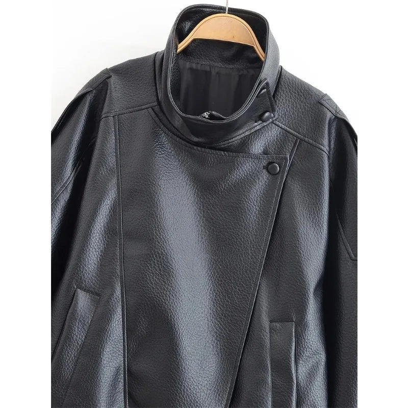 Women's 2026 Autumn New Classic Commuter Style Black Long Sleeve Pebble Faux Leather Motorcycle Fashion Jacket