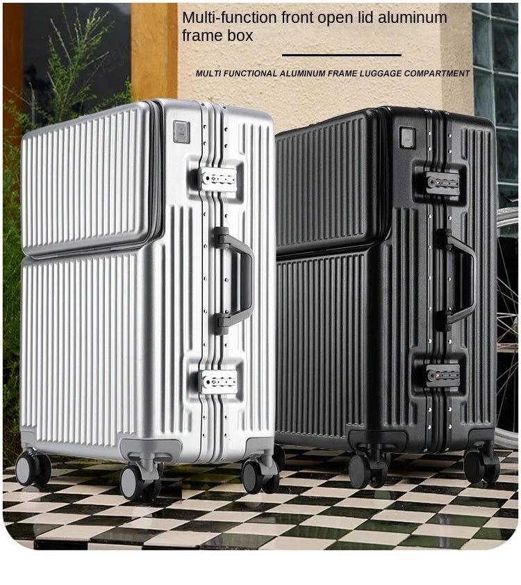 New 20'' Boarding Box Front Opening Suitcase Aluminium Frame 24/27 inch Rolling Luggage with Cup Holder Mobile Phone Holder