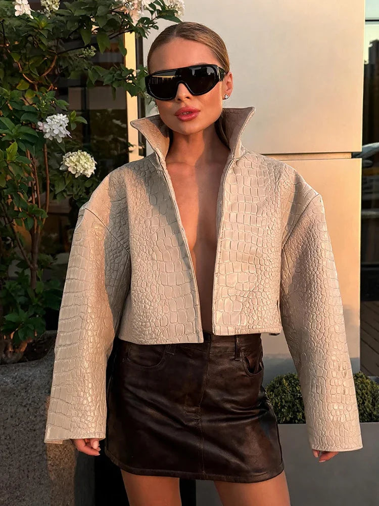 Crocodile Pattern Embossed Short Women Leather Jacket Stand Collar Zipper Long Sleeved Cropped Jackets 2026 Street Daily Outfit