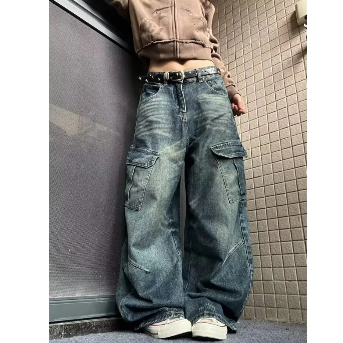 American High Street Multi Pocket Knife Jeans Loose Design Wide Leg Pants for Men And Women Autumn Winter Trendy Casual Jeans