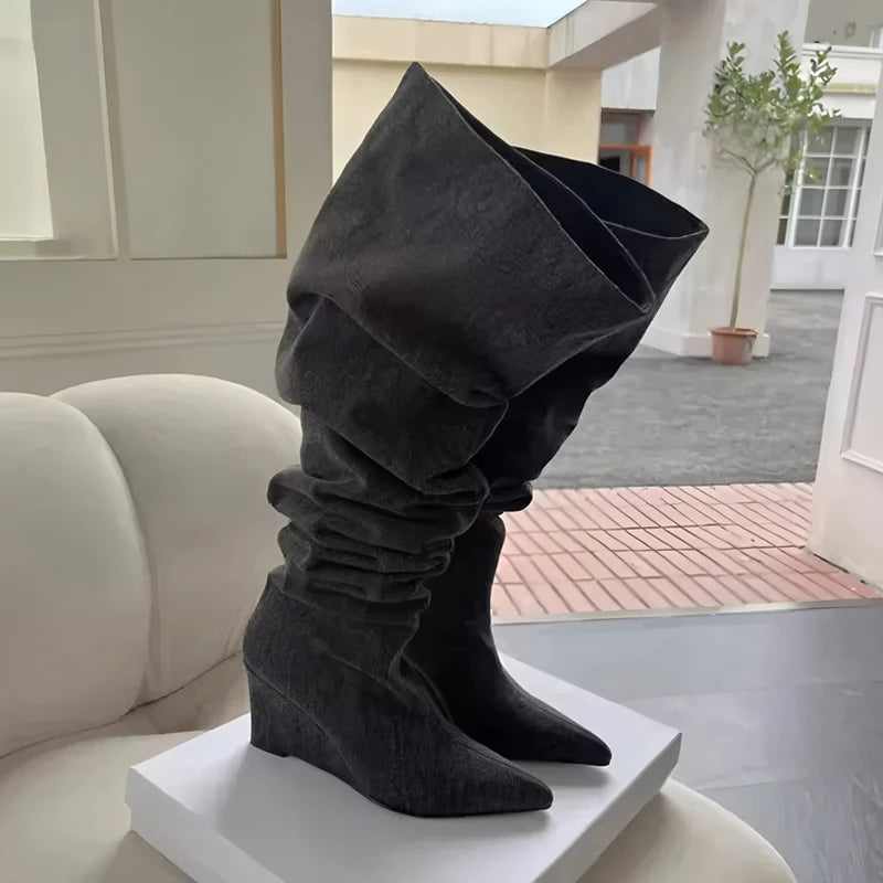 ZAROY Hot Girl Knight Long Boots Winter Stretch Denim Knee-high Boots Cozy Slip On Point Toe Wedge High Heels Sexy Long Booties