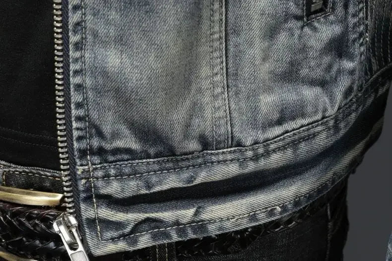 Men's Retro Denim Jacket Casual Oversized Stand Up Collar Zippered Jacket Cycling Motorcycle Coat Trend Loose Fit Top
