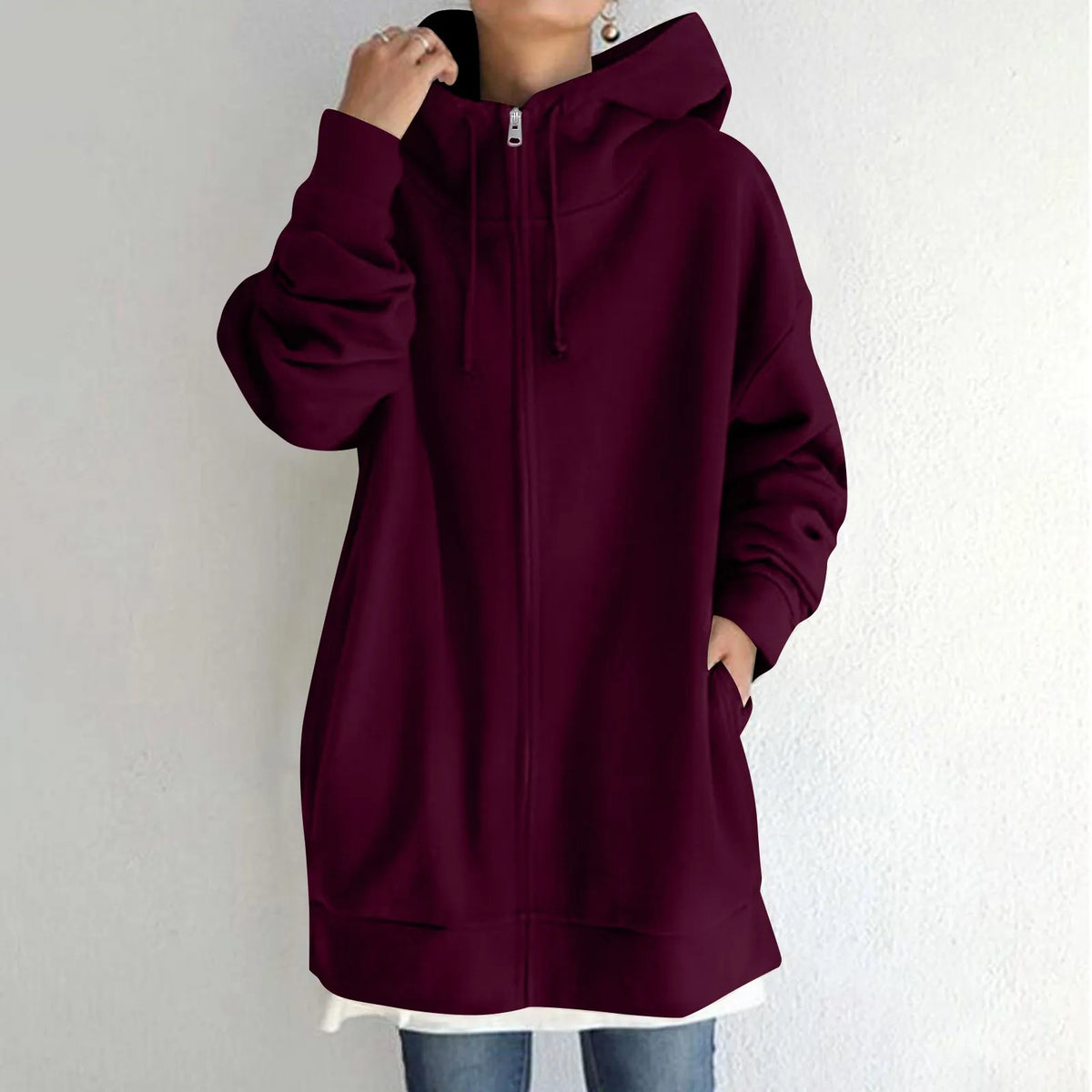 Plus Size Long Hoodies Tunic Fashion Long Sweatshirts Solid Color Fleece Knitted Zip Up Jackets With Pockets For Women