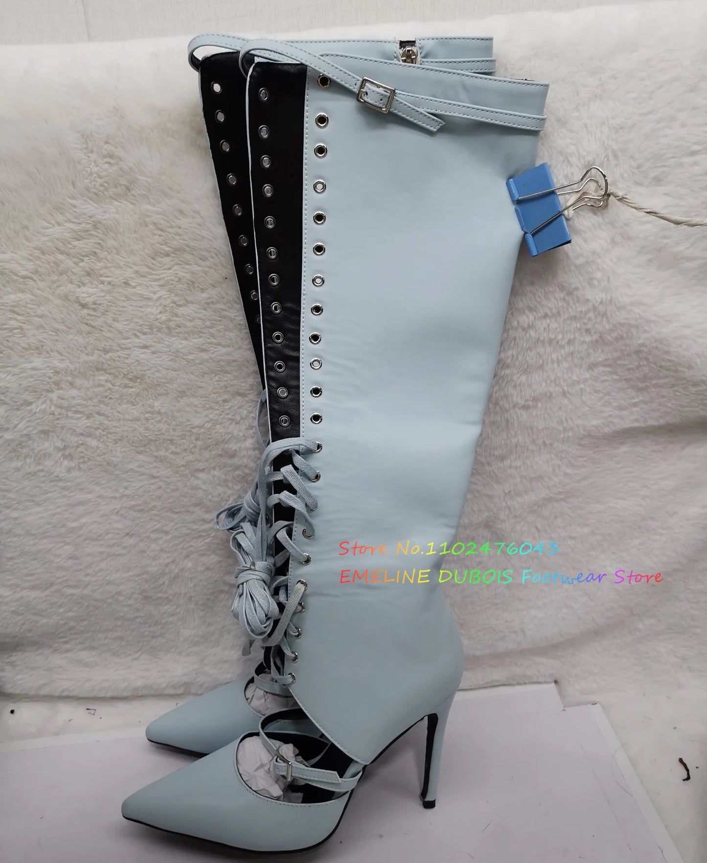 White Pointed Toe Lace Up Knee High Boot Women Summer New Sexy Hollow Buckle Strap Stiletto Heel Front Cross Tied Sandals