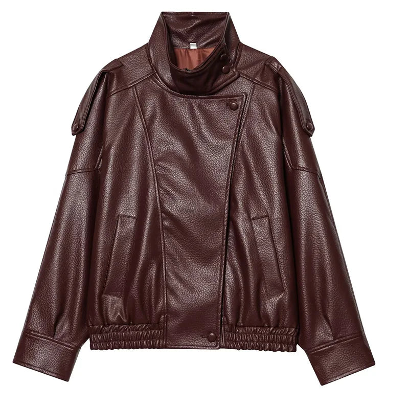 HXAO Women's Faux Leather Jacket Short Coat Black Bomber Jackets For Woman Loose Winter Outerwear High Neck Aviator Jackets