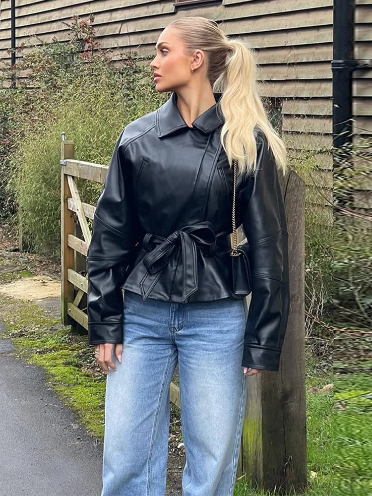 Black Belt Women's Leather Jacket Lapel Full Sleeve Zip-up Lace Up Waist Cinching Cropped Coats 2026 Autumn Street Lady Jackets