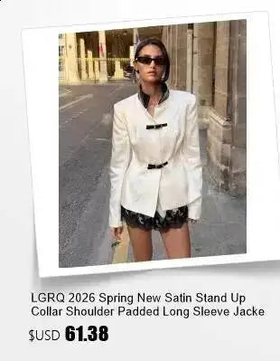 LGRQ Stand‑Collar Long Sleeve Biker Faux Leather Jacket Women Vintage Drawstring Waist Cropped Outerwear 2026 Autumn 19DB3772