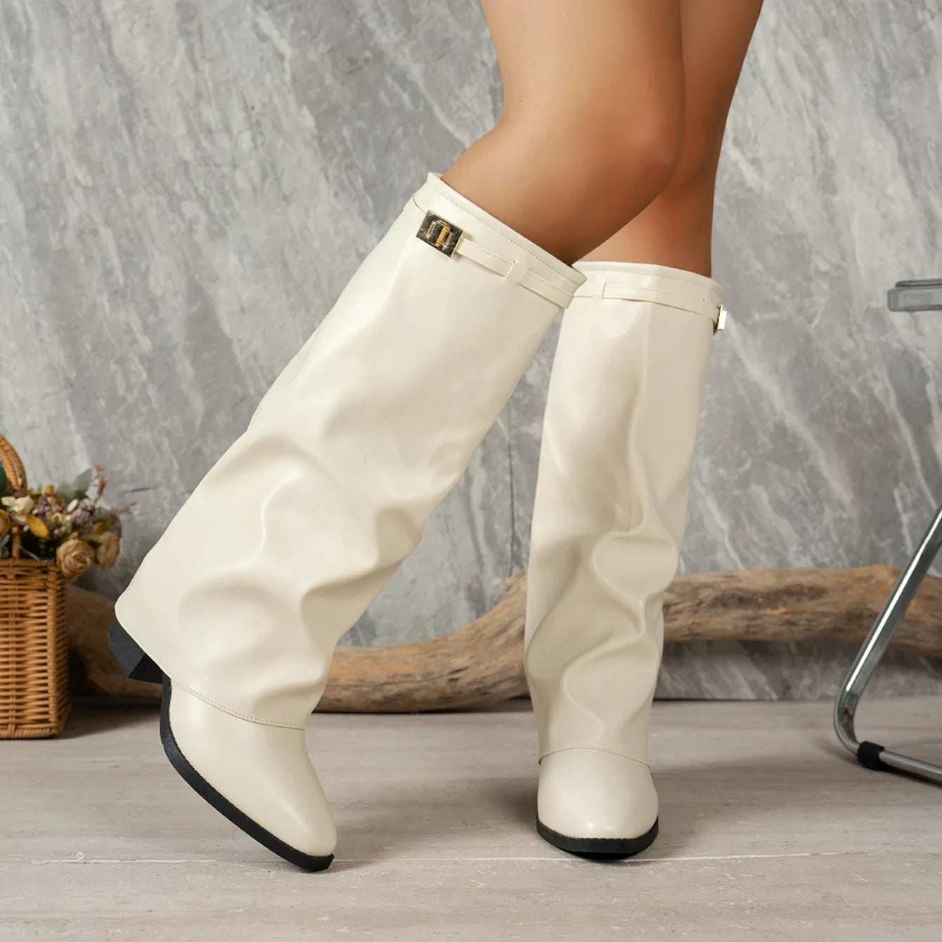 Spring Autumn New Simple Style Women's Knee High Boots 2026 Fashion Pointed Toe Fold Cuff Design Chunky Heel Casual Women Boots